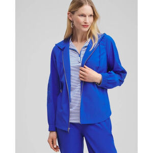 Chico's Neema Embroidered Blue Hooded Zip Light Jacket Laser Cut Sleeves Size 18